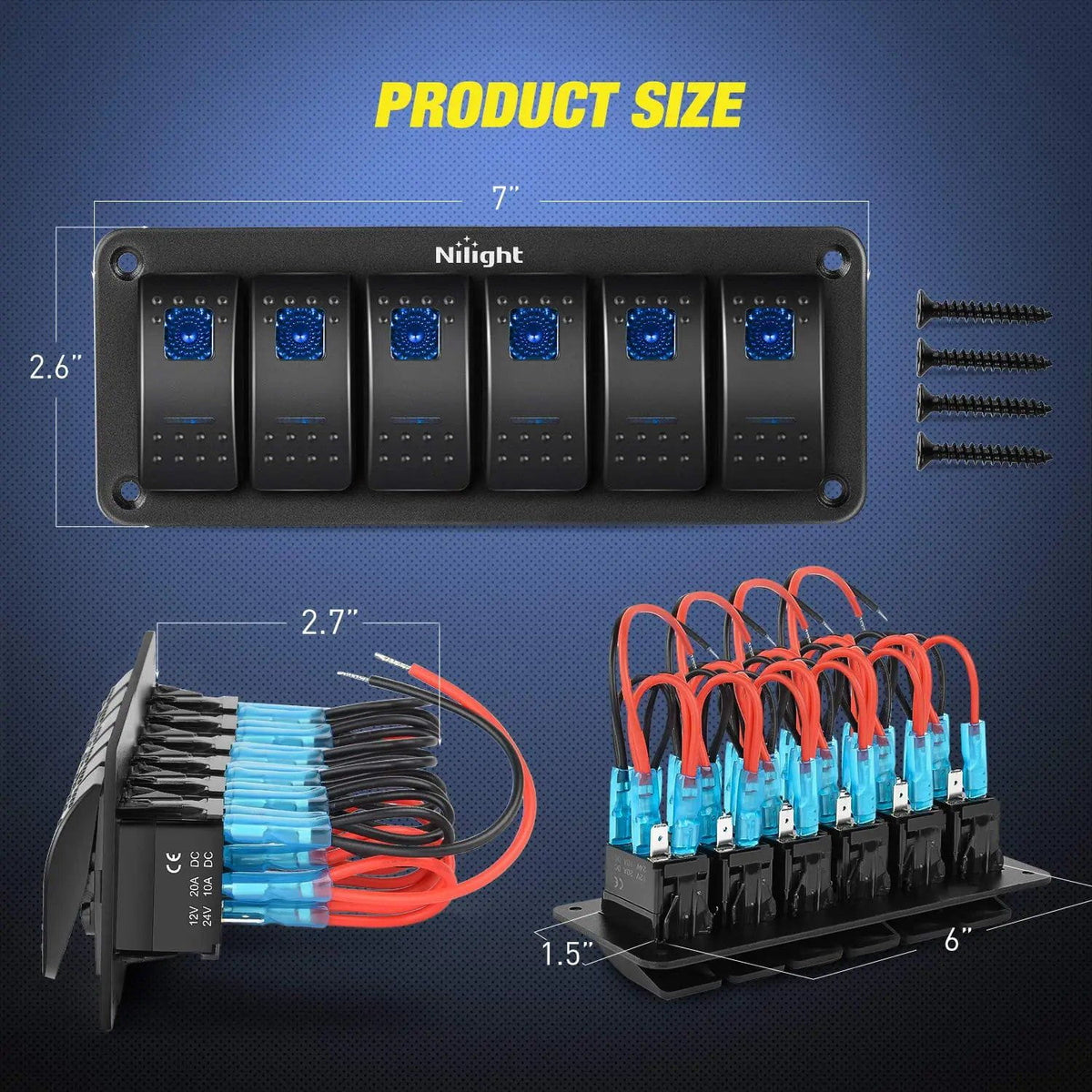Grafo Blue Rocker 6Gang Aluminum 5Pin ON/Off Blue Rocker Switch Panel – Nilight