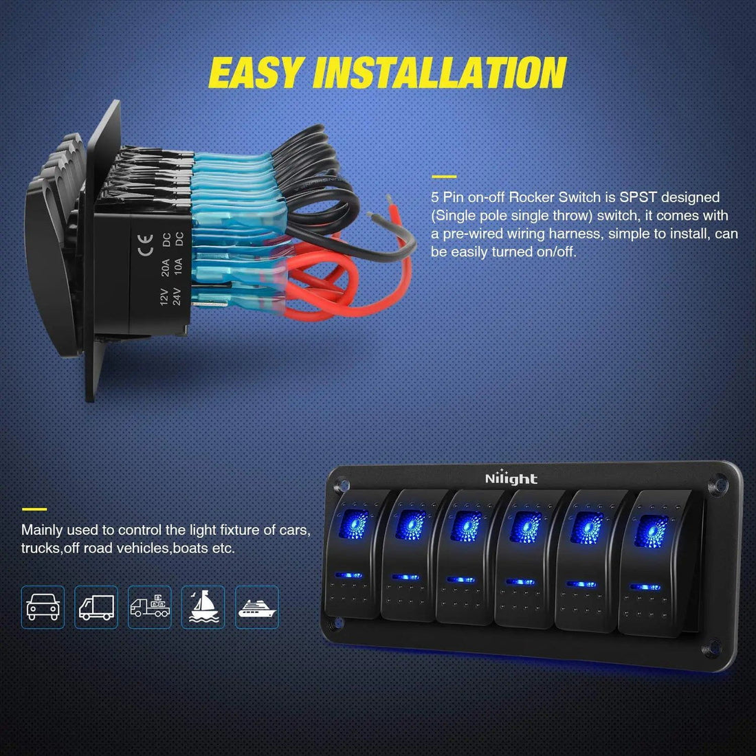 6Gang Aluminum 5Pin ON/Off Blue Rocker Switch Panel – Nilight