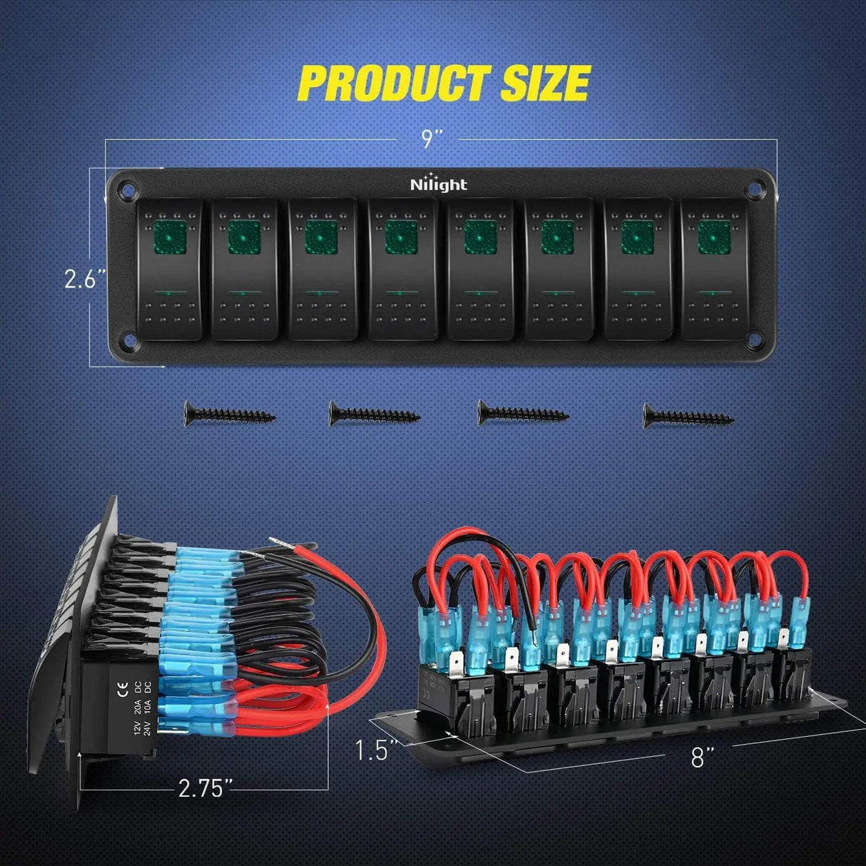Rocker Switch 8Gang Aluminum 5Pin ON/Off Green Rocker Switch Panel