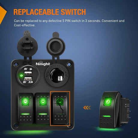 Rocker Switch 6Pcs 5Pin SPST On/Off Rocker Switch Green