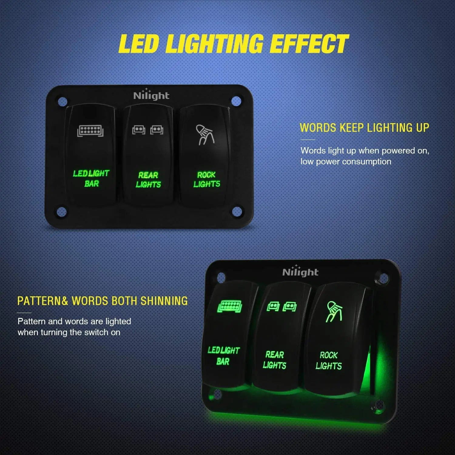 Rocker Switch 3Gang Led Light Bar/Rear Lights/Rock Lights 5Pin ON/Off Rocker Switch Panel Green