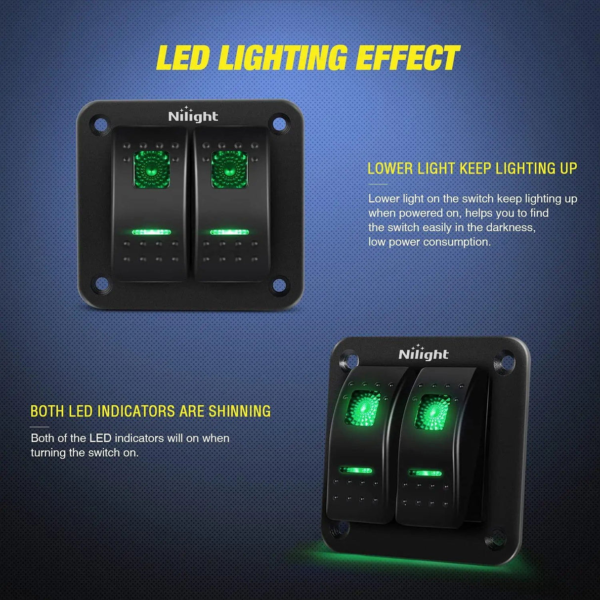 Rocker Switch 2Gang Aluminum 5Pin ON/Off Rocker Switch Panel Green