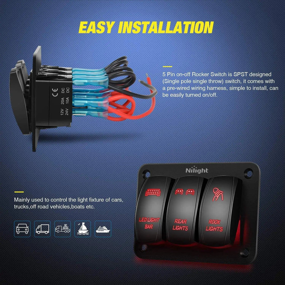 Rocker Switch 3Gang Led Light Bar/Rear Lights/Rock Lights 5Pin ON/Off Rocker Switch Panel Red