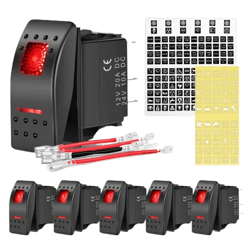 6Pcs 5Pin SPST On/Off Rocker Switch Red - Nilight