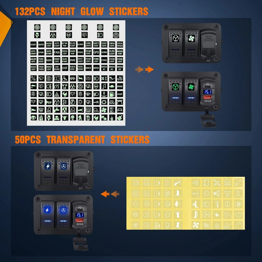 Rocker Switch 2Gang Blue Rocker Switch Box w/ PD Type C | QC 3.0 USB Charger Voltmeter