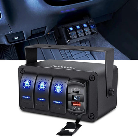 3Gang Blue Rocker Switch Box w/ PD Type C | QC 3.0 USB Charger Voltmeter Nilight