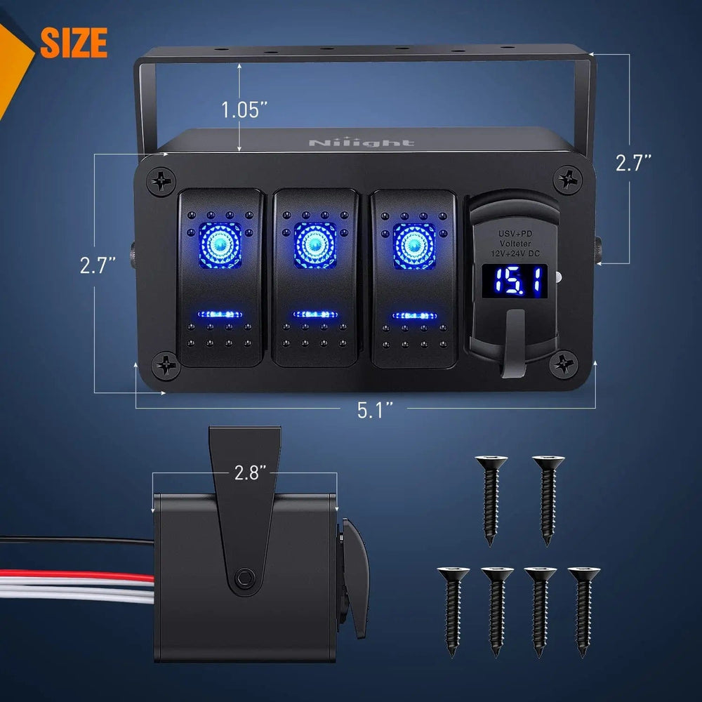 Rocker Switch 3Gang Blue Rocker Switch Box w/ PD Type C | QC 3.0 USB Charger Voltmeter