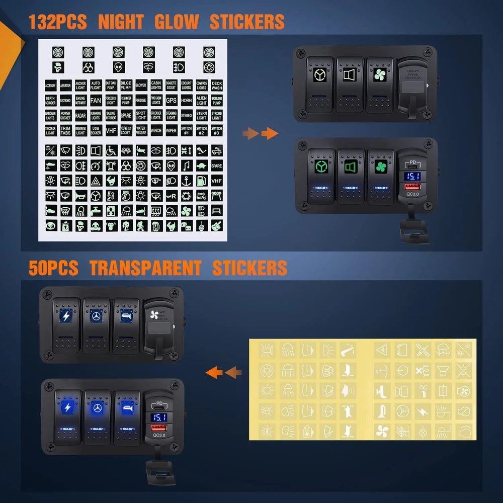 Rocker Switch 3Gang Blue Rocker Switch Box w/ PD Type C | QC 3.0 USB Charger Voltmeter