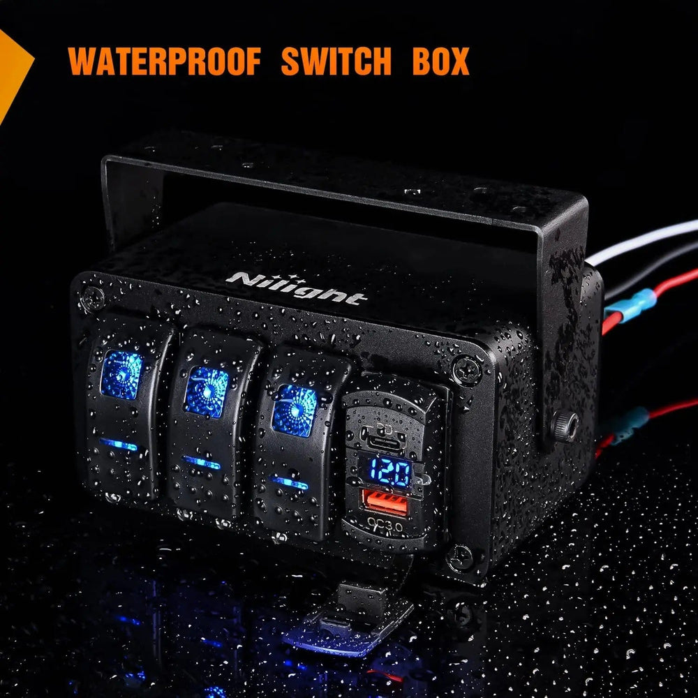 Rocker Switch 3Gang Blue Rocker Switch Box w/ PD Type C | QC 3.0 USB Charger Voltmeter