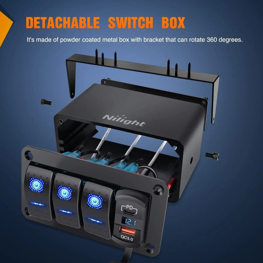 Rocker Switch 3Gang Blue Rocker Switch Box w/ PD Type C | QC 3.0 USB Charger Voltmeter