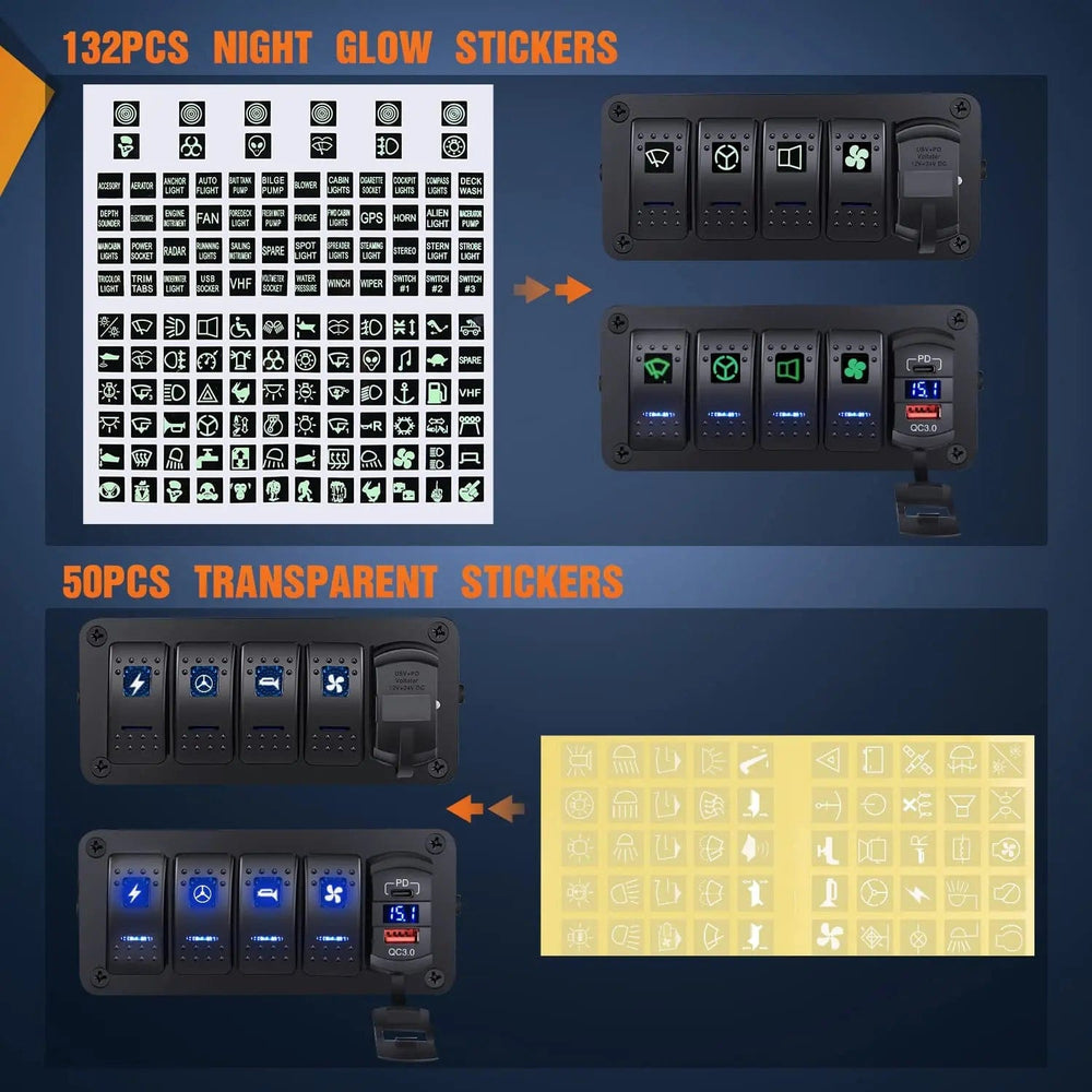 Rocker Switch 4Gang Blue Rocker Switch Box w/ PD Type C | QC 3.0 USB Charger Voltmeter