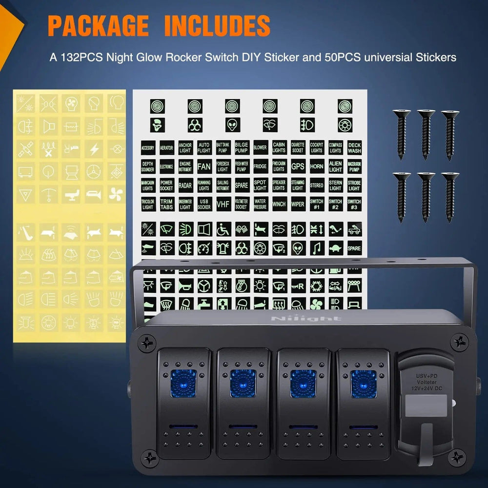 Rocker Switch 4Gang Blue Rocker Switch Box w/ PD Type C | QC 3.0 USB Charger Voltmeter