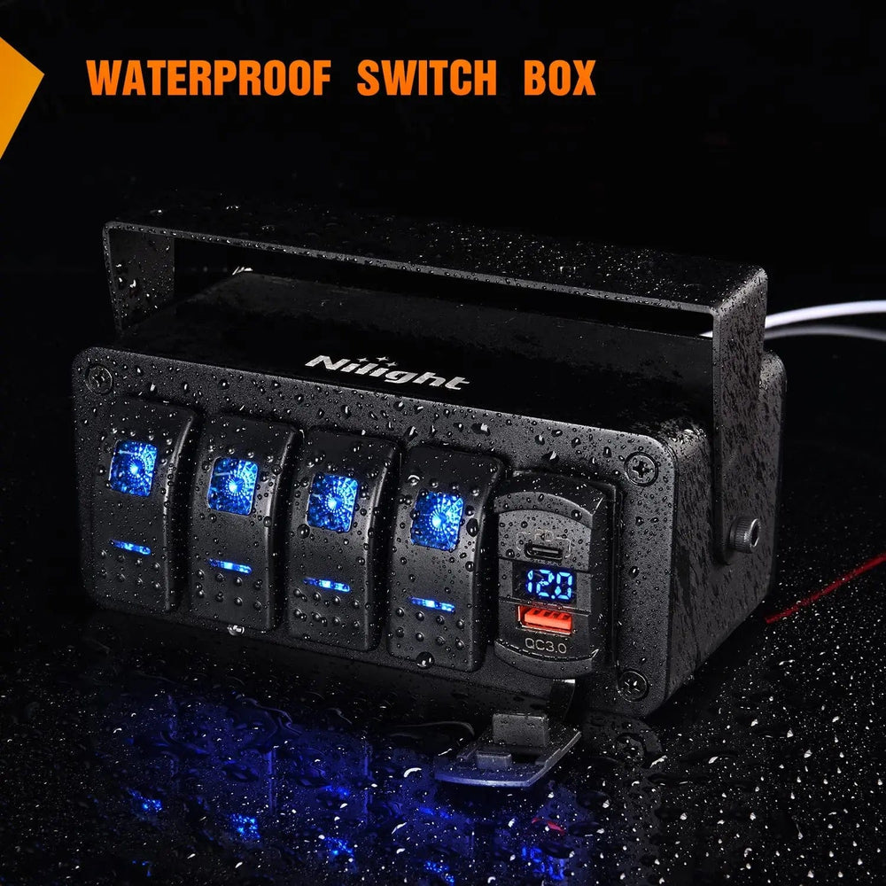Rocker Switch 4Gang Blue Rocker Switch Box w/ PD Type C | QC 3.0 USB Charger Voltmeter
