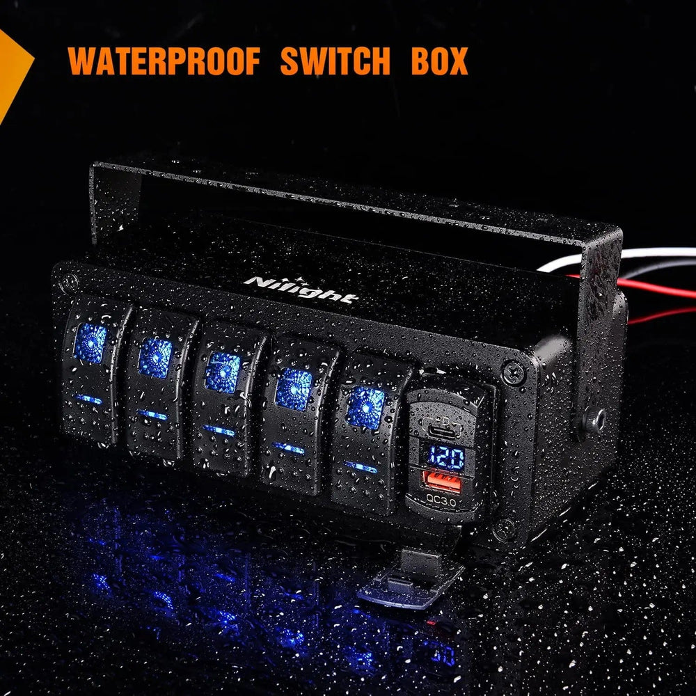 Rocker Switch 5Gang Rocker Switch Box w/ PD Type C | QC 3.0 USB Charger Voltmeter
