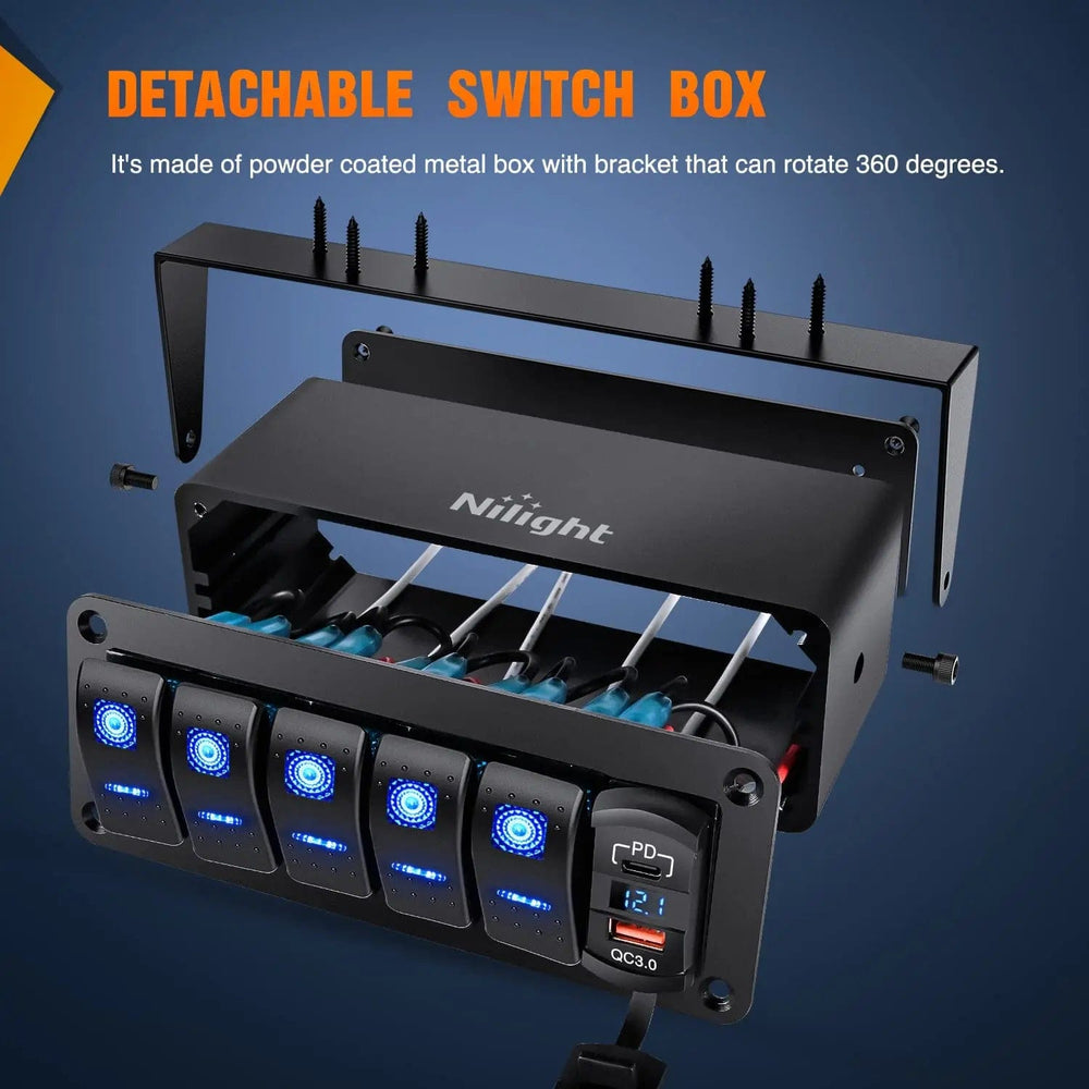 Rocker Switch 5Gang Rocker Switch Box w/ PD Type C | QC 3.0 USB Charger Voltmeter