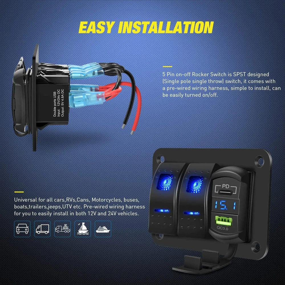 Rocker Switch 2Gang Blue Rocker Switch Panel w/ PD Type C | USB Charger Voltmeter