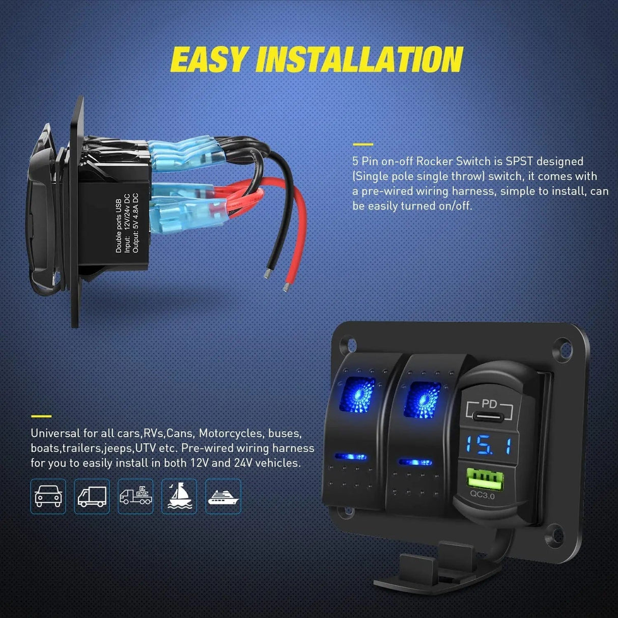 2Gang Blue Rocker Switch Panel w/ PD Type C | USB Charger Voltmeter Nilight