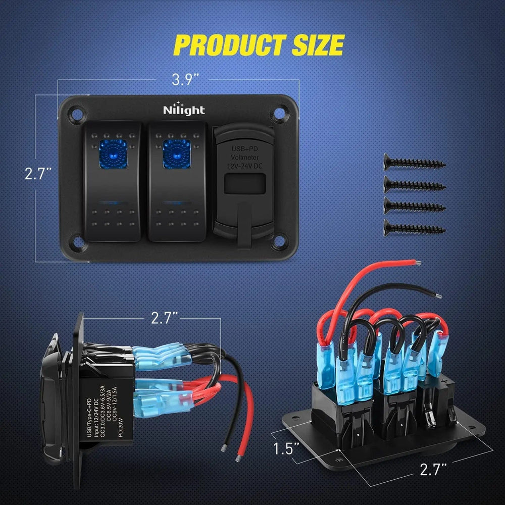 Rocker Switch 2Gang Blue Rocker Switch Panel w/ PD Type C | USB Charger Voltmeter