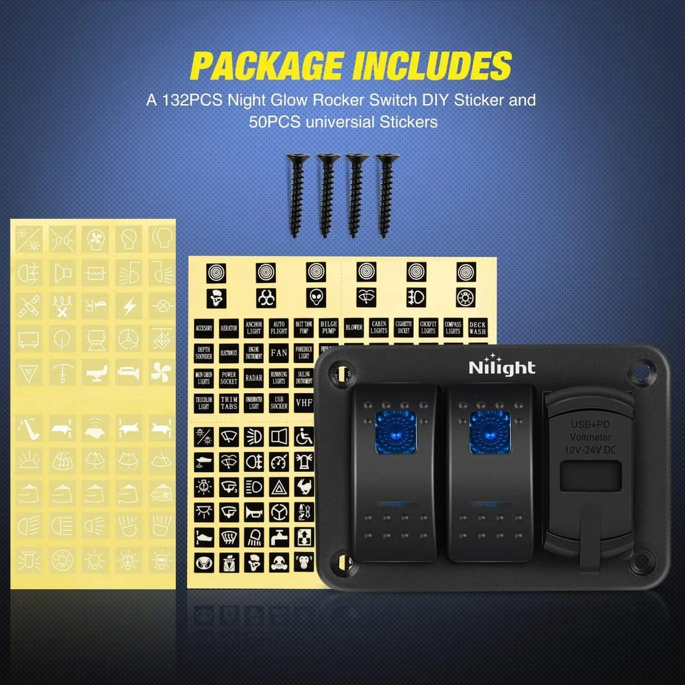 Rocker Switch 2Gang Blue Rocker Switch Panel w/ PD Type C | USB Charger Voltmeter