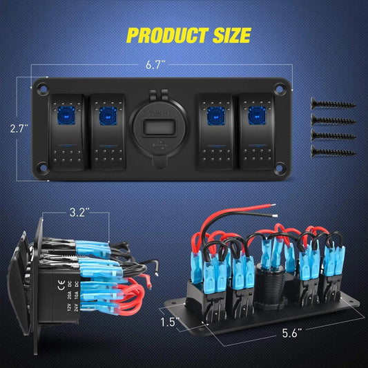 switch panel 4Gang Aluminum 5Pin ON/Off Blue Rocker Switch Panel w/ QC 3.0 Dual USB Charger Voltmeter