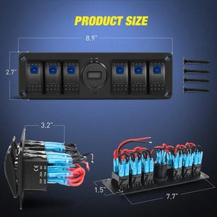 switch panel 6Gang Aluminum ON/Off Blue Rocker Switch Panel w/ QC 3.0 Dual USB Charger Voltmeter