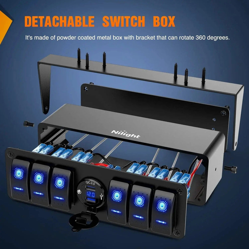 6Gang Aluminum ON/Off Rocker Switch Box w/ QC 3.0 Dual USB Charger Voltmeter 6Gang Aluminum ON/Off Rocker Switch Box w/ QC 3.0 Dual USB Charger Voltmeter