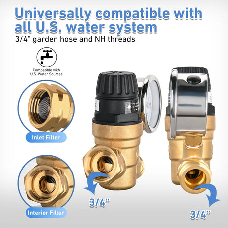 RV Water Pressure Regulator Handwheel Adjustment Oil Filled Gauge Nilight