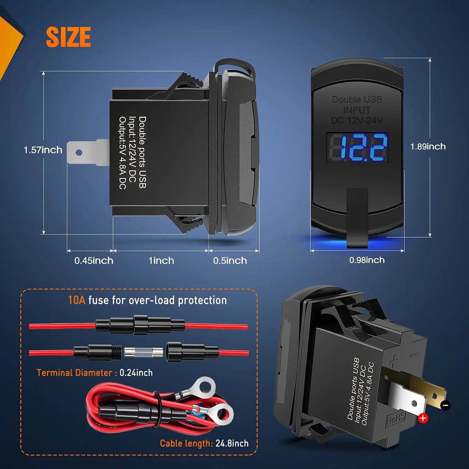 Vehicle Parts & Accessories Rocker Switch Style Dual USB Charger LED Voltmeter