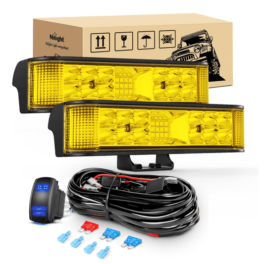 6.5" 60W Amber Side Shooter Quadruple Row Spot/Flood LED Light Bars (Pair) | 16AWG 5Pin Rocker Switch Wiring Harness Kit Nilight