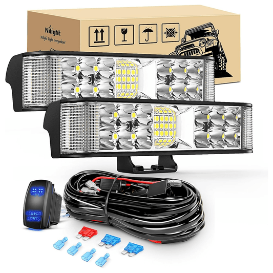 6.5" 60W Side Shooter Quadruple Row Spot/Flood LED Light Bars (Pair) | 16AWG 5Pin Rocker Switch Wiring Harness Kit Nilight