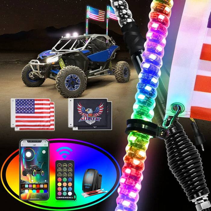 2Pcs 5FT Spiral Antenna W/ Spring Base Led Whip Light Bluetooth Remote App Control | 8.6FT Wire 5Pin Switch