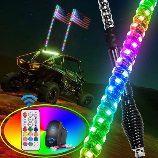 LED Whip Light 2Pcs 4FT Spiral Antenna W/ Spring Base Led Whip Light RF Remote Control | 8.6FT Wire 5Pin Switch