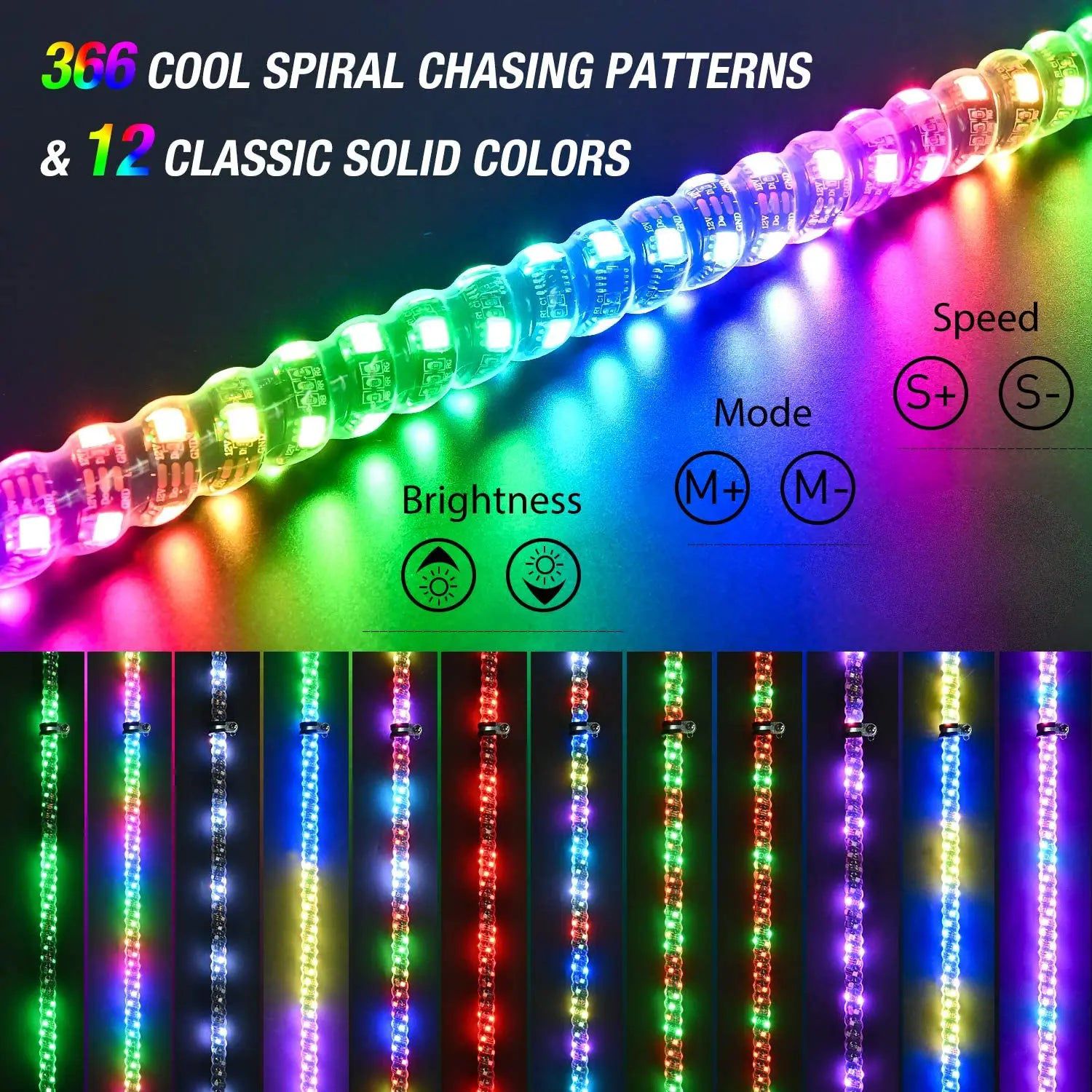 LED Whip Light 2Pcs 3FT Spiral Antenna W/ Spring Base Led Whip Light RF Remote Control | 8.6FT Wire 5Pin Switch
