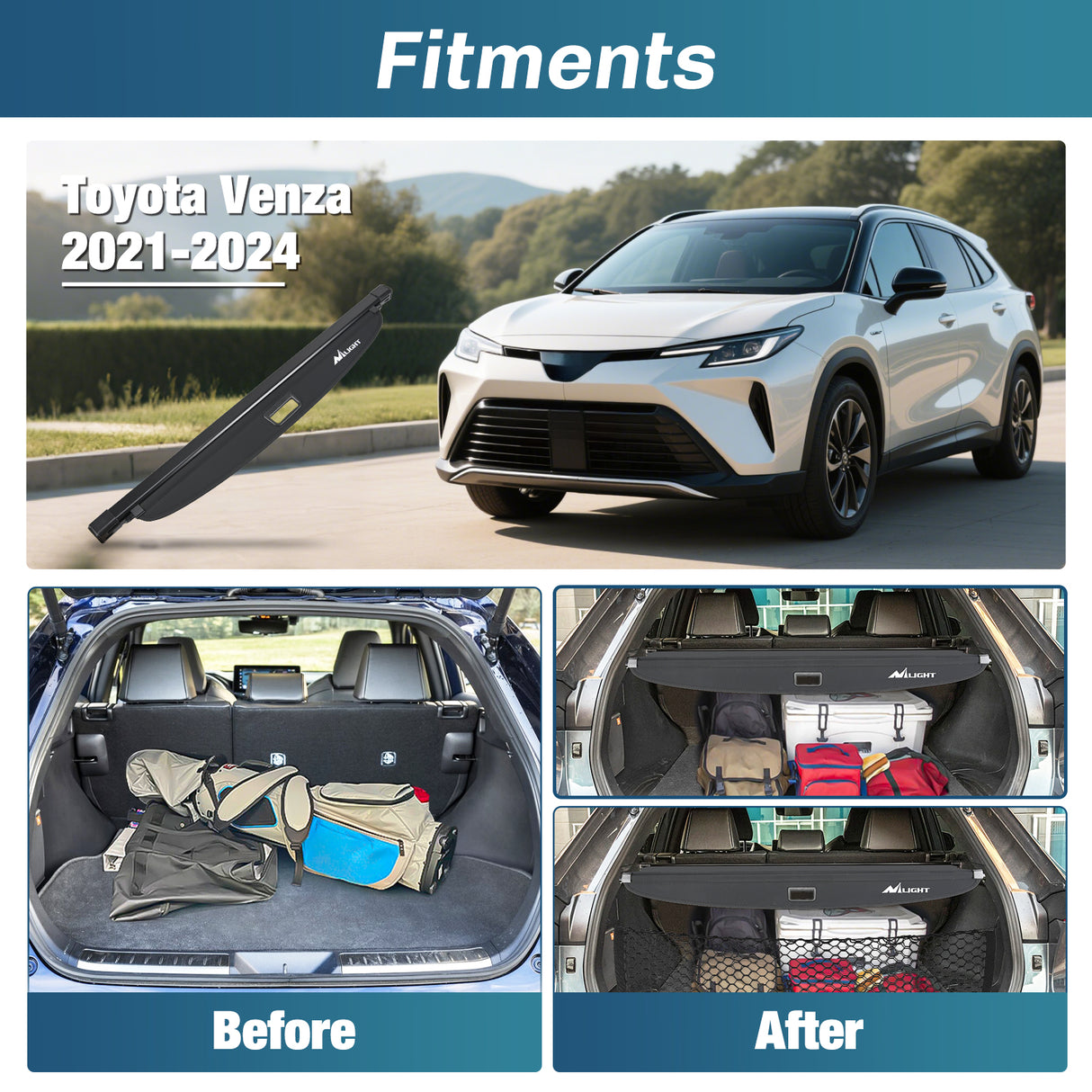 Nilight Trunk Cargo Cover for Toyota Venza 2021 2022 2023 2024, Retractable Security Shade Rear Cargo Cover, with Trunk Storage Net