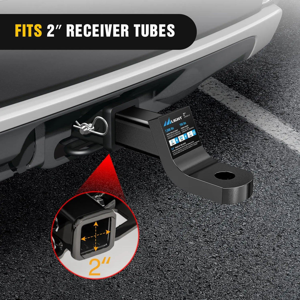 Trailer Hitch Ball Mount with 5/8in Hitch Pin Clip Fits 2in Receiver Square 7500 lbs 2in Drop 3/4in Rise Nilight