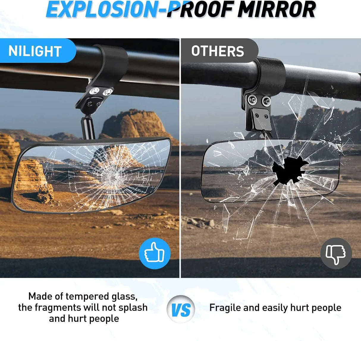 UTV Rear View Mirror 12in Wide Clear Convex Center Mirror with 3/4in 1.75in to 2in Clamps for Polaris RZR PRO XP R Pioneer 1000 Can Am Maverick X3 Kawasaki Nilight