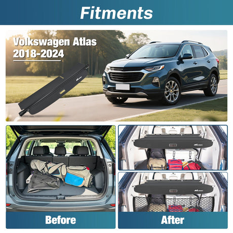 Nillight Trunk Cargo Cover  for VW Volkswagen Atlas 2018 2019 2020 2021 2022 2023 2024 2025, Retractable Privacy Security Shield Shade Rear Trunk Cover, with Trunk Storage Net