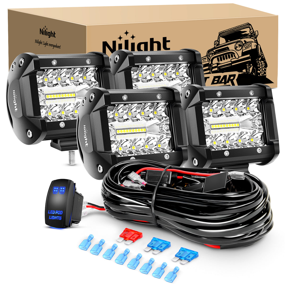 4Inch LED Light Pod Blue Triple Row 2PCS 60W Flood Spot Combo Driving Fog Lights Fishing Hunting Emergency Safety Signal Deck Trailer Lights for UTV Pick-up Van Boat Tractor, 2 Years Warranty