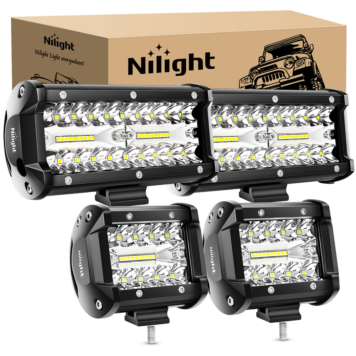Nilight 2PC 4Inch Triple Row Led Light Pods 60W Flood Spot Combo 6000LM 2Pcs 6.5 Inch 120W Triple Row Light Bar Flood Spot Combo 12000LM Driving Boat Off Road Trucks Lights (ZH042)