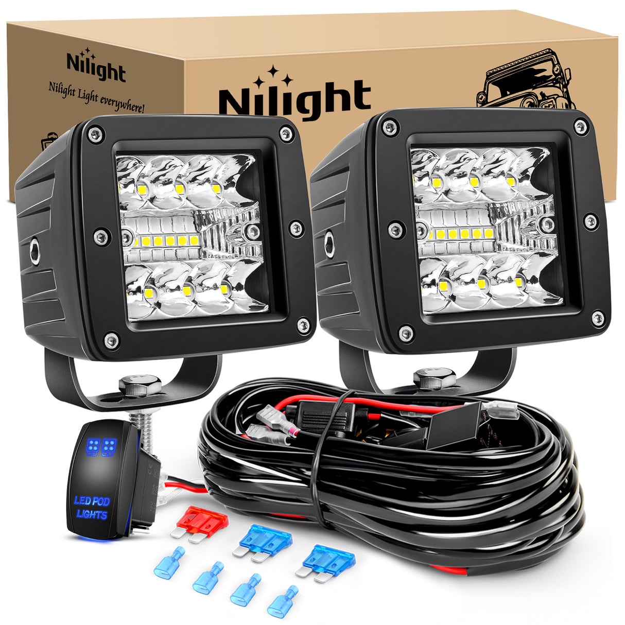 Nilight 2Pcs 3Inch 42W LED Cubes Upgraded Spot Flood Combo Square Driving Fog Off Road Lights 12V 5Pin Rocker Switch Wiring Harness Kit-2 Leads (ZH045)