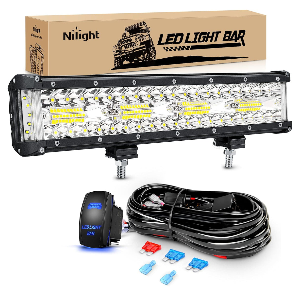 LED Light Bar 2PCS 12Inch Triple Row Spot Flood Combo Led Light Bars with 5Pin Rocker Switch Wiring Harness Kit