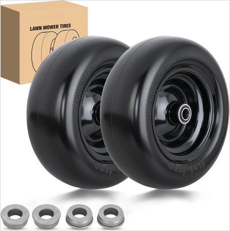11x4.00-5 Solid Lawn Mower Tires, 11 Inch Flat-Free Polyurethane Tire with 3/4 Inch Axle Bore & 3.4 Inch Hub Length, Airless Replacement Wheels for Lawn Mowers, 2 Pack