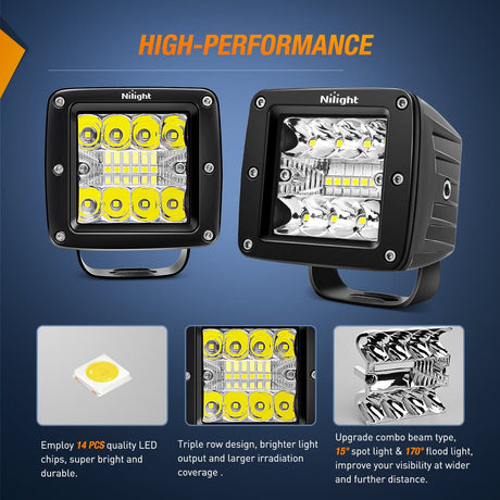 Nilight 3 Inch 42W Upgraded Triple Row Spot Flood Square LED Pods  with Amber/Black Covers (Pair)
