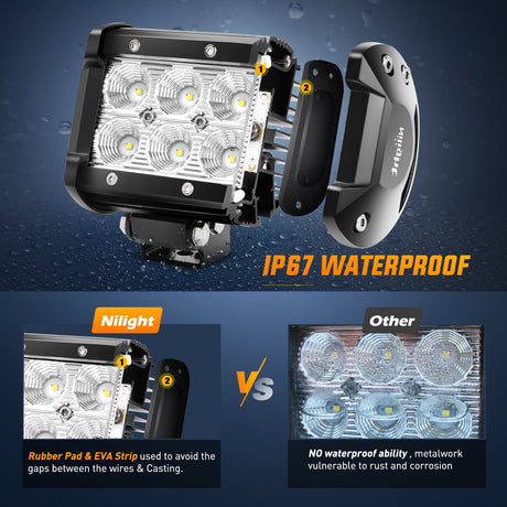 Nilight 4 Inch 18W 1260LM Flood Led Pods with Amber/Black Covers (Pair)