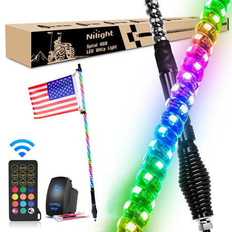 LED Whip Light 4FT Spiral Antenna W/ Spring Base Led Whip Light RF Remote Control | 8.6FT Wire 5Pin Switch