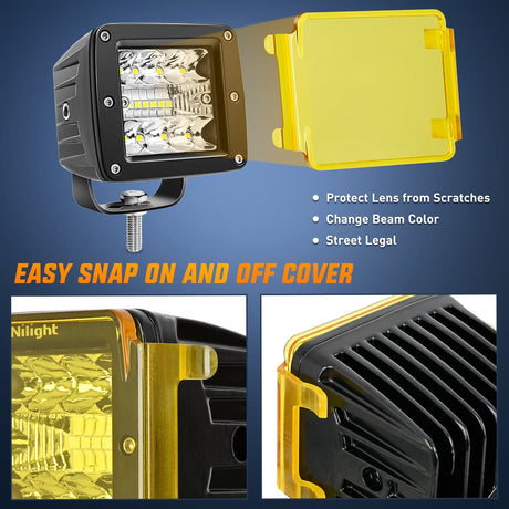 Nilight 3 Inch 42W Upgraded Triple Row Spot Flood Square LED Pods  with Amber/Black Covers (Pair)