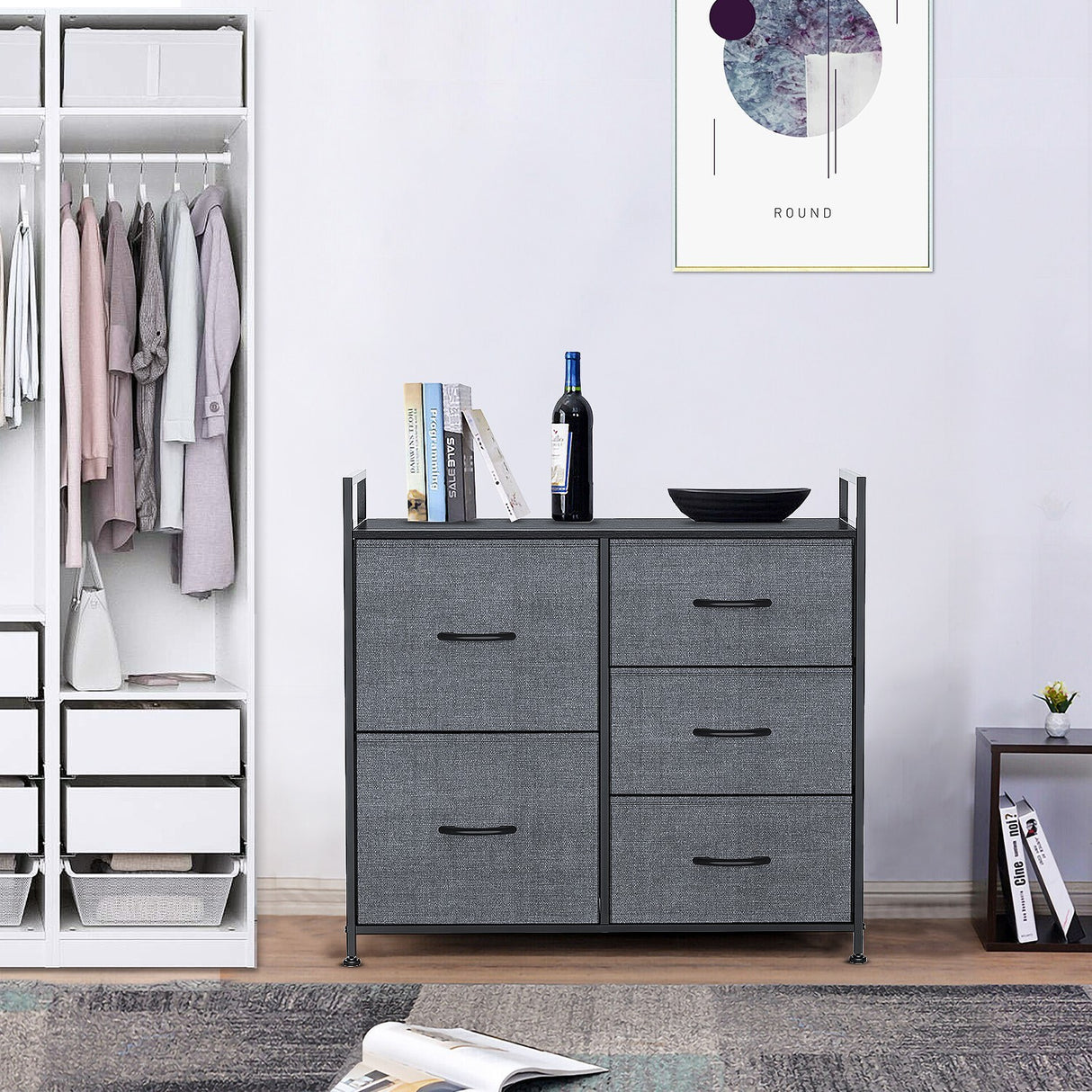 Dressers Dresser for Bedroom Storage Tower with 5 Drawers Fabric Bins Sturdy Metal Frame