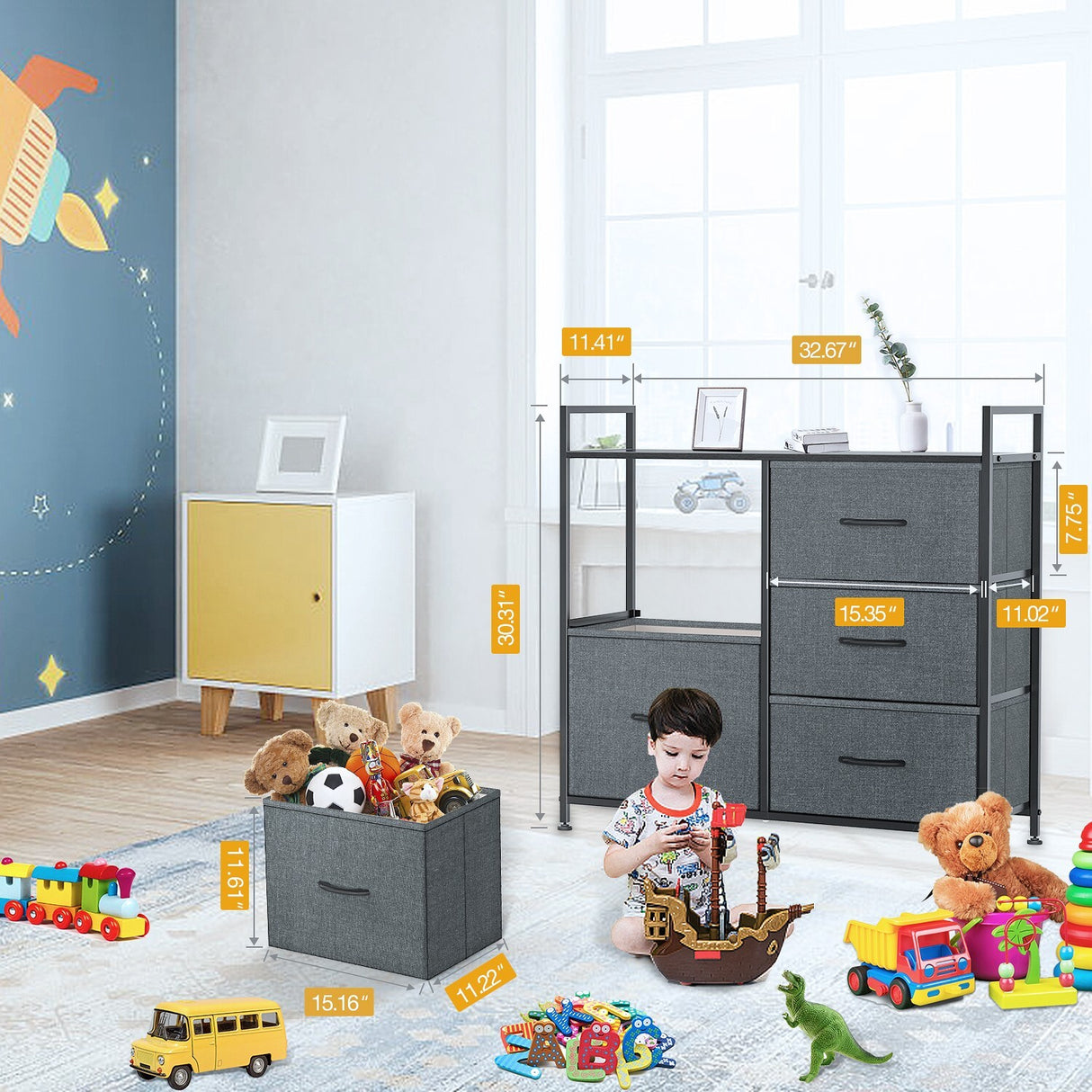 Dressers Dresser for Bedroom Storage Tower with 5 Drawers Fabric Bins Sturdy Metal Frame