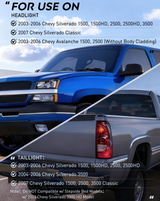 2003 2004 2005 2006 Chevy Silverado 1500 1500HD 2500 2500HD 3500 2007 Chevy Silverado 1500 2500 3500 Classic OE Style Black Housing Amber Reflector Headlight Taillight Assembly