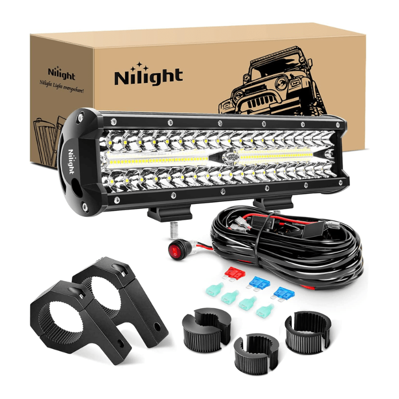 LED Light Bar Nilight 12 Inch 300W LED Light Bar Triple Row Flood Spot Combo 30000LM Driving Boat Led Off Road Lights with Horizontal Bar Clamp Mounting Kit Wiring Harness Kit, 2 Years Warranty